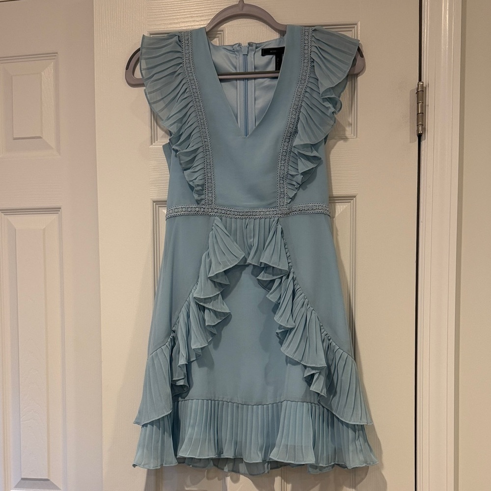 BCBGMaxAzria Light Blue Ruffle V-Neck Mini Dress